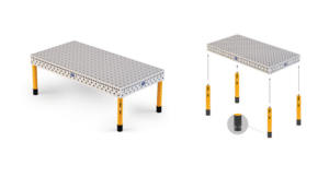 A dual image showing a Demmeler welding table with a table shot next to it showing table legs in an exploded view.